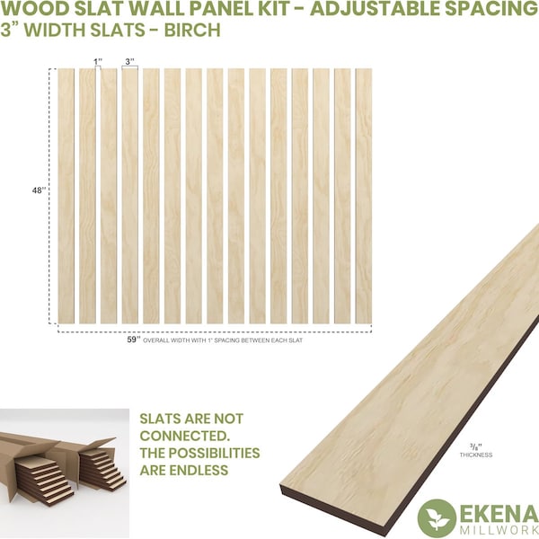 48H X 3/8T Adjustable Wood Slat Wall Panel Kit W/ 3W Slats, Birch Contains 15 Slats